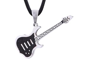 Collana da uomo in pelle Dondon 50 cm con ciondolo a forma di chitarra elettrica in acciaio inox in un sacchetto di velluto nero