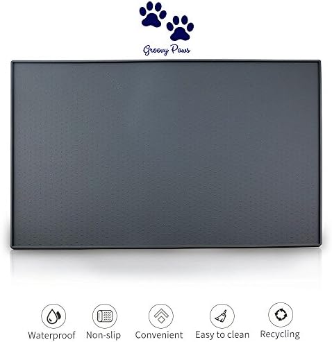 GroovyPaws Pet Food Mat for dog cat Waterproof Sustainable Silicone FDA Food-Grade Anti-Slip No Mess, Food Water Bowl Placemat (Rectangle Grey)