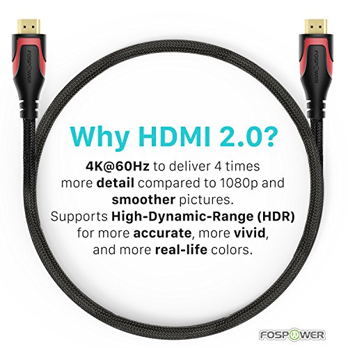 HDMI Kabel 1,8M/6ft, FosPower Nylon Geflochtenes Hochgeschwindigkeits-HDMI-Kabel [UHD 4K | 3D | Ethernet | Audio Rückkehr – Trifft den Neuesten Standard] Vergoldet für HDTV, Blu Ray Player, PC, Spielkonsolen (Schwarz / Rot) - 3