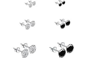 BO WIN 925 Sterling Silver Stud Earrings - 6 Pairs Black Small Sleeper Studs 4, 5, 6mm for Women, Men, Girls