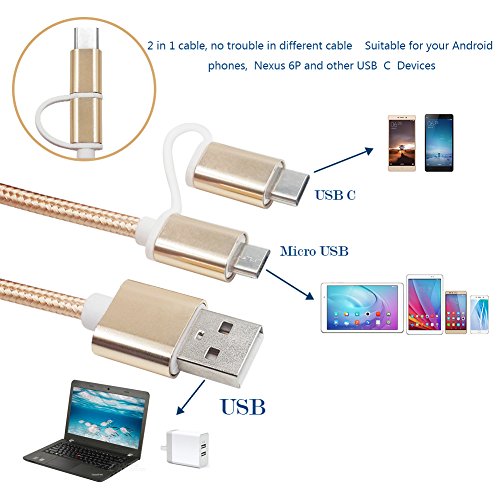 2 in 1 Ladekabel, 1.2m kabel Nylon umflochtenes Micro auf Type C USB Ladegerät für Samsung S5 S6 S7 Und the new MacBook, ChromeBook Pixel, Nexus 5X, Nexus 6P, Nokia N1 Tablet, OnePlus 2 und andere USB-C-Geräte(Gold) - 2
