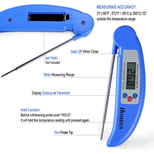 Homdox Fleischthermometer Digital LCD Bratenthermometer für Kochen BBQ Grill Steak Braten Lebensmittel mit Zusammenklappbarer Probe Prüfspitze Edelstahl Blau - 4