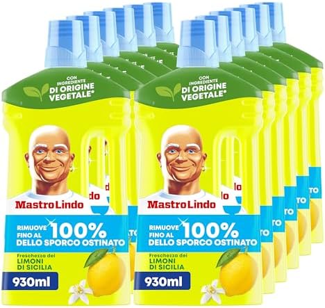 Mastro Lindo Liquido Detersivo Per Pavimenti Multiuso, 12 Confezioni (12 x 930ml), Profumo La Freschezza Dei Limoni Di Sicilia, Rimuove Fino Al 100% Di Sporco E Grasso