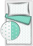 Kinder Wendebettwäsche Garnitur Stars mint / Stars weiss 2-tlg. 100% Baumwolle 40x60 + 100x135 cm mit Reißverschluss