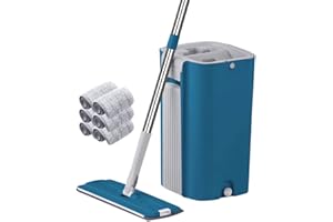 NEWTY Mopa para Limpiar Azulejos y Paredes Mopa Fregona con Cubo Escurridor Mopas de Limpieza Suelos Hogar Mop Trapeadora Fregona Parquet Ventanas Autoescurrible Plana con 6 Almohadillas Microfibra
