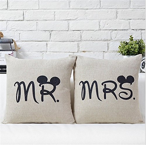 iTemer Kissenbezug Leinen Baumwolle Kissenbezug Karikatur Mr und Mrs Muster 2Pcs - 5
