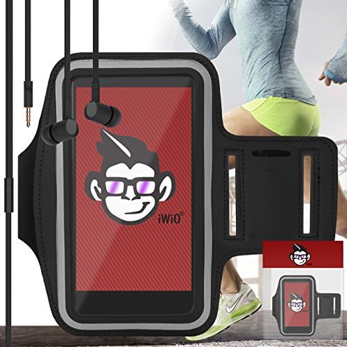 IWIO Adjustable Velcro Strap Armband Phone Case Holder for Jogging/Running/Fitness/Gym Workouts/Outdoor Sports include D2 Earphones with Built in Microphone for BLU Studio G Plus HD - BLACK