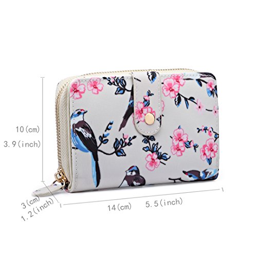 Miss Lulu Women Grey Flower Bird Purse Oilcloth Short Wallet Clutch Hand Bag (1580-16J Beige)