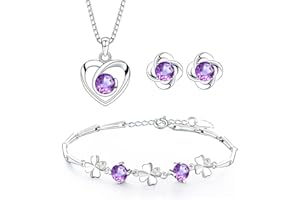 Josfeva Parure Femme Argent Fin 925, Ensemble de Boucles d'oreilles Bracelet en Forme de Trèfle Collier de Coeur avec Zircon Cubique Blanc, Clous Chaîne Pendentif Hypoallergénique pour Femme Fille