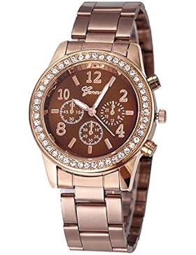 XLORDX Geneva Luxus Designer Strass Damenuhr Rosegold Uhr Chronograph Optik Strassuhr Blogger Bloggeruhr Braun
