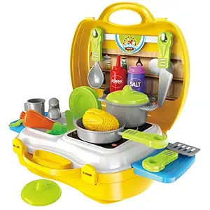 Garg Traders Luxury Portable Suitcase Shape Cooking Pretend Play Kitchen Set for Girls Toys, Accessories, Yellow | Kids Toys for Girls (kithen Set)