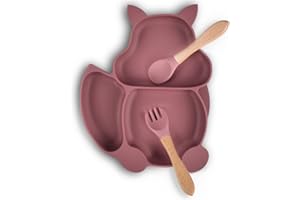 behone Baby Teller Schüssel mit saugnapf,Silikon Baby Teller Babygeschirr Babyteller Für Babys und Kinder Geeignet, auch Spülmaschinenfest (Eichhörnchen - Dunkelrosa)
