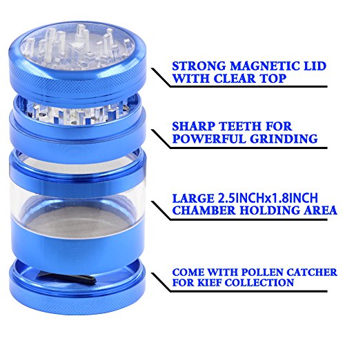 DCOU großen Guten Qualität CNC Aluminium Gewürze Tabak Schleifer Pollen Grinder Crusher Transparente Mühle Ø63mm 4-teilig mit pollen fänger (Blau) - 3