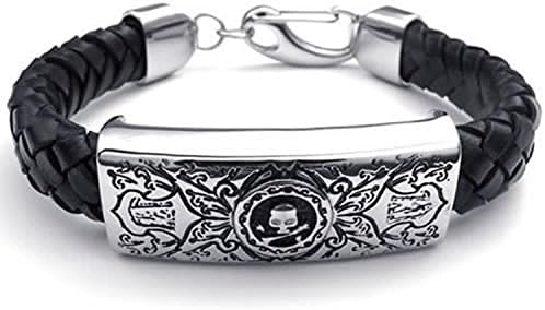 Leather Mens Cuff Bracelet Stainless Steel Skull Charm, Black Silver - 8", 8.5", 9" HB32 , with Gift Bag (9'')