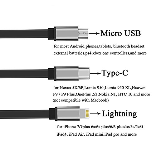 Mehrere USB Ladekabel, USB Typ C/8 Pin Lightning/Micro USB 3 in 1 Universal Ladegerät Daten Kabel Laden Cord Stecker für iPhone, iPad und Android Smartphone (1,5 m, schwarz) - 3