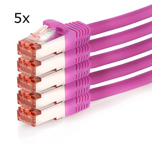 TPFNet (5er PACK) 3m CAT.6 - CAT6 Premium Ethernet LAN Patchkabel SFTP DOPPELT GESCHIRMT | Gigabit Netzwerkkabel | LAN-Kabel | RJ45 Kabel | Internetkabel | RJ45 Netzwerk Anschlusskabel | Patch Kabel | Ethernet Kabel mit Knickschutztülle magenta (RJ45, Cat 6, Twisted Pair, S/FTP (PIMF) DOPPELT GESCHIRMT, halogenfrei, 1000 Mbit/s / 1 Gigabit)