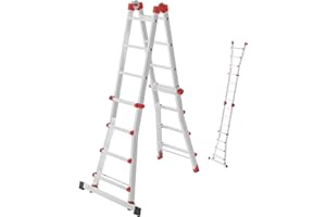 Hailo Scala multifunzione in alluminio M80, 4 x 4 pioli, portata fino a 150 kg, snodi di sicurezza e maniglie di sicurezza, regolabile in altezza su pioli, scala multiuso, antiruggine, colore: argento