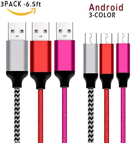 Micro USB Cable FoolerHome Charger - [3-Pack 6.5ft/2m] 2.4A High Speed Samsung Charger Lead-Nylon Braided Android Charger Cable for Smartphone &amp; Tablets (Silver Red Pink)