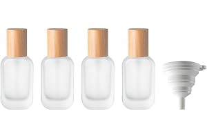 XAQAMY 4 STK 30ml Glas Pumpspender Creme Spender, Airless Pumpspender Leer, Lotion Pumpflaschen, Nachfüllbar Reiseflaschen zum Befüllen, Vakuumflasche mit Holzdeckel für Kosmetik Creme, mit Trichter