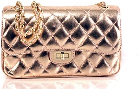 New Italian Leather Classic Quilted Padded Designer Inspired Handbag with Gold Trims (Rose Gold)
