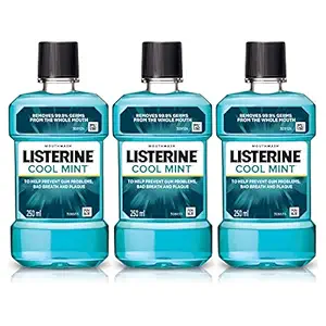 Listerine Cool Mint Mouthwash Liquid, Removes 99.9% Germs, 250ml Combo Pack of 3 (Buy 2 Get 1 Free)
