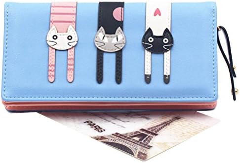 Vemos Women's Wallet Adorable Cute Cat Wallet Coin Purse Bifold Long Purse with Zipper (Sky Blue)