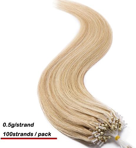 16"-22" Micro Loop Human Hair Extensions 100 Strands 50g - 100% Remy Real Hair Micro Ring Beads Highlights Straight (18" #18/613 Ash Blonde/Bleach Blonde)