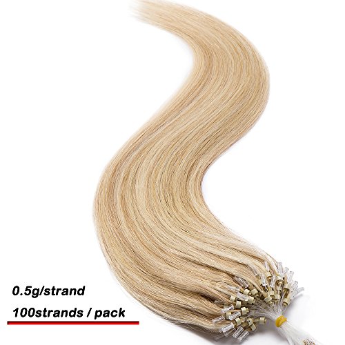 16"-22" Micro Loop Human Hair Extensions 100 Strands 50g - 100% Remy Real Hair Micro Ring Beads Highlights Straight (18" #18/613 Ash Blonde/Bleach Blonde)
