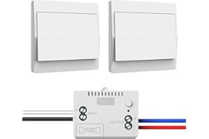 PUISENO Funk-Lichtschalter 230V Set, Funkschalter – keine Batterien erforderlich, wasserdichter Wandschalter, steuern Sie Ihre Lampe bis zu 200 m fern (1 Empfänger und 2 Schalttafel)