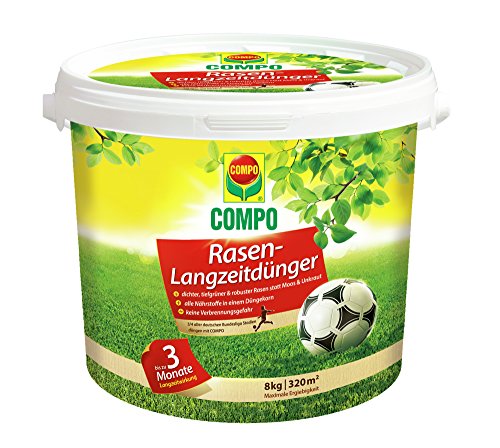 Compo Rasen-Langzeitdünger, Rasenpflege mit bis zu 3 Monaten Langzeitwirkung, für dichten, tiefgrünen und robusten Rasen, 8 kg für 320 m²