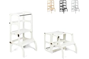 Ette Tete STEP’n’SIT® Torre Apprendimento Montessoriana Convertibile • Multifunzione 2 in 1 (colore bianco, con cerniere in ottone)