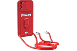 yanasuo Schiebe Kameraschutz Silikon Handykette Hülle kompatibel mit Samsung Galaxy S21 FE 5G, Metall Ring Halter Handy Cover,Verstellbarer Halskette Handyhülle-Rot