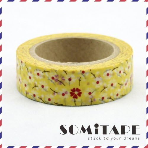 Small Red Flowers on Yellow Washi Tape, Craft Decorative Tape