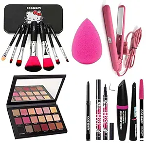 C.C.G Beauty Eye Make Up Kit Eye shadow, Hair Straightener, brushes Set, beauty blender Women And Girls