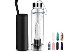 Tyuodna Wasser Heilsteine Flasche, Crystal Infusion Trinkflasche, Heilende Natürliche Wasserflasch, Auslaufsichere Quarz-Kristall Glas, Kristalltherapie, Edelsteinflasche (Weißer Kristall+Flasche)