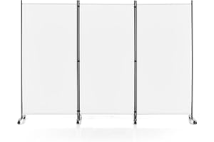 GOPLUS Biombo Separador de Ambientes de 3 Paneles con Ruedas Bloqueables, Separador de Ambientes Plegable para Privacidad, Biombo de Tela con Marco de Metal para Salón, Dormitorio (Blanco, 262x180cm)