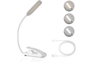 LUTW LED Book Light, 3 Eye-Friendly Colours and Stepless Dimming Reading Light, USB Rechargeable Clip on Light, Long Battery Life, Flexible Arm, Lightweight, for Bedside, Desk & Study, White