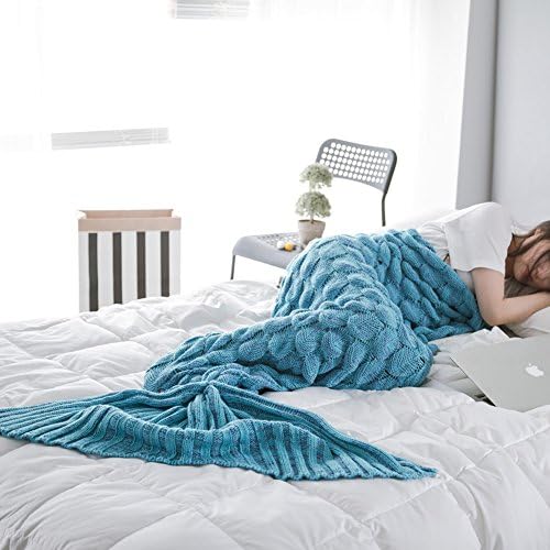 Wuiyepo Handmade Knitted Mermaid Tail Blanket Sleeping bags Sleeping Blanket, Warm Sofa Quilt Living room blanket for Kids Adults (78.74"*35.44", Blue)