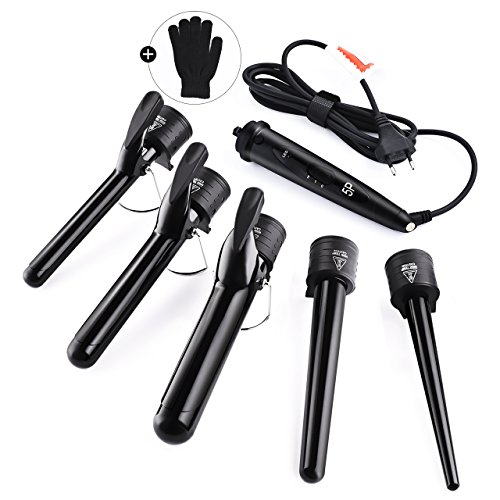 Lockenstab, HoLife 5-in-1 Austauschbare Lockenwickler 9-32mm für Große Kleine Locken mit Keramikbeschichtung, Schminktisch-schützenden Stahl-Stabständer, Anti-Hitzehandschuh(mit 5 Haar Clips, Schwarz) - 3