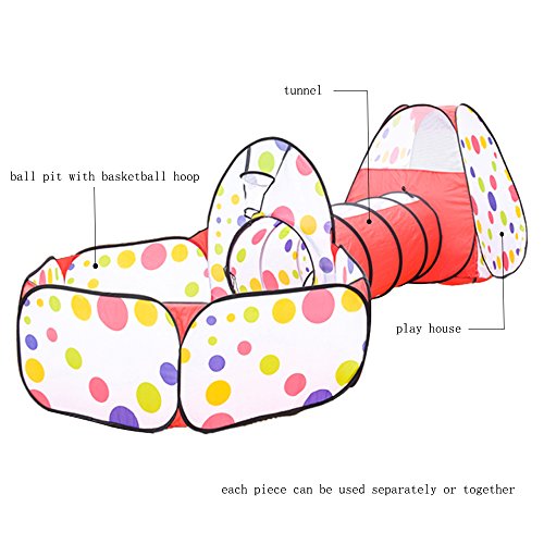 Sonyabecca Children's Play Tent Tunnel Cubby-Tube-Teepee Playground 3pc Pop -up Indoor Outdoor Game house Toy Hut Easy Fold Ocean Ball Pit with Basketball Hoop