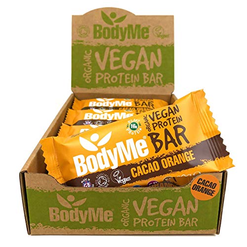 BodyMe Barre Proteine Vegan Bio | Cru Cacao Orange | 12 x 60g Barres Protéinées Bioloqique | Sans Gluten | 16g Protéinée Complète | 3 Proteines Vegetales | Acides Aminés Essentiel | Vegan Protein Bar