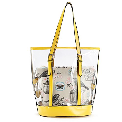 Zicac Lady Women Girl Candy Color Waterproof Semi-clear Transparent Stripe Waterproof Swimming PVC Beach Cosmetic Shoulder Tote Bag with Small Handbag (Yellow)