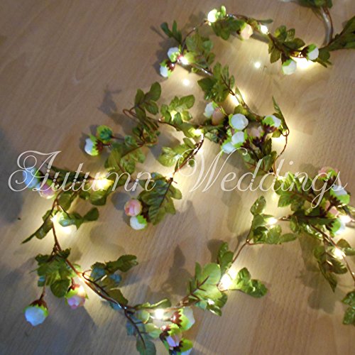 Pale Pink Rose Fairy Lights / String Lights / Garland with Lights - Wedding Decorations - AA Battery Powered - Indoor Leaves - Rose Garland - Flower Garland with Lights - Fairy Lights Bedroom