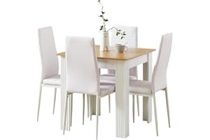 Rainbow Tree Modern 5 Piece Dining Room Table and Chairs Set, Wooden Square Table with 4 Chairs for Small Space Apartment Space Saving (White+Oak Top Table+4 White Leather Chair)