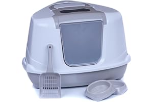 ADENA Flip Corner Cat Litter Tray Warm Grey + Litter Scoop + 2 Bowls