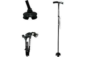 DEMERGY® Baston Plegable, Baston Extensible con luz LED, 5 Niveles Altura Ajustable Bastón, Ligero Portátil Bastón de Viaje con Pulsera y Mango en T para Discapacidad de Edad Avanzada Base pivotante