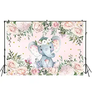 AOSTO 6.5x5ft Elephant Baby Shower Backdrop Girl Princess Pink Flowers Birthday Party Decorations Photo Background Wallpaper Photocall Studio Props W-3924