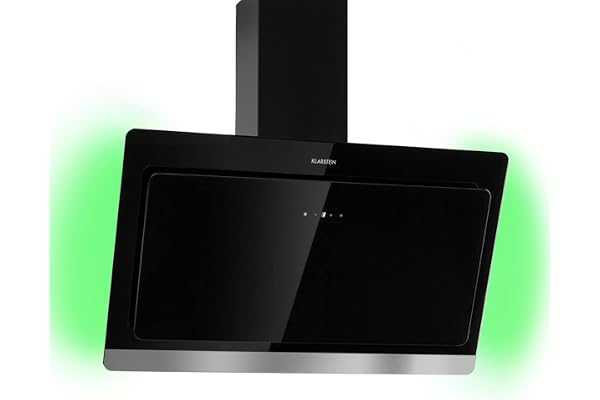 Klarstein Hotte Aspirante 90 cm, Hotte Aspirante Inclinée Silencieuse, Hotte de Cuisine 90cm avec Lampes LED RGB, Débit d'Air Puissant 563 m³/h, Efficacité Energétique Classe A, Noir
