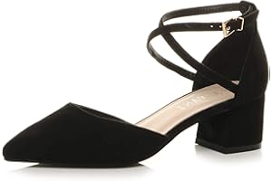 AJVANI Womens Ladies mid Block Heel Pointed Toe Cross Strap Two Part Mary Jane Court Shoes Sandals Size