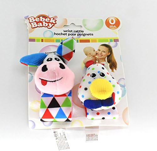 Amazemarket Lovely 2pcs/pair Baby Infant Newborn Toy Wrist Rattle Cloth Soft Socks Foot Finder Colorful 3D Animals feet Sock kids Gift Bell Development (With original packaging, Cow + chicken wrist bell)
